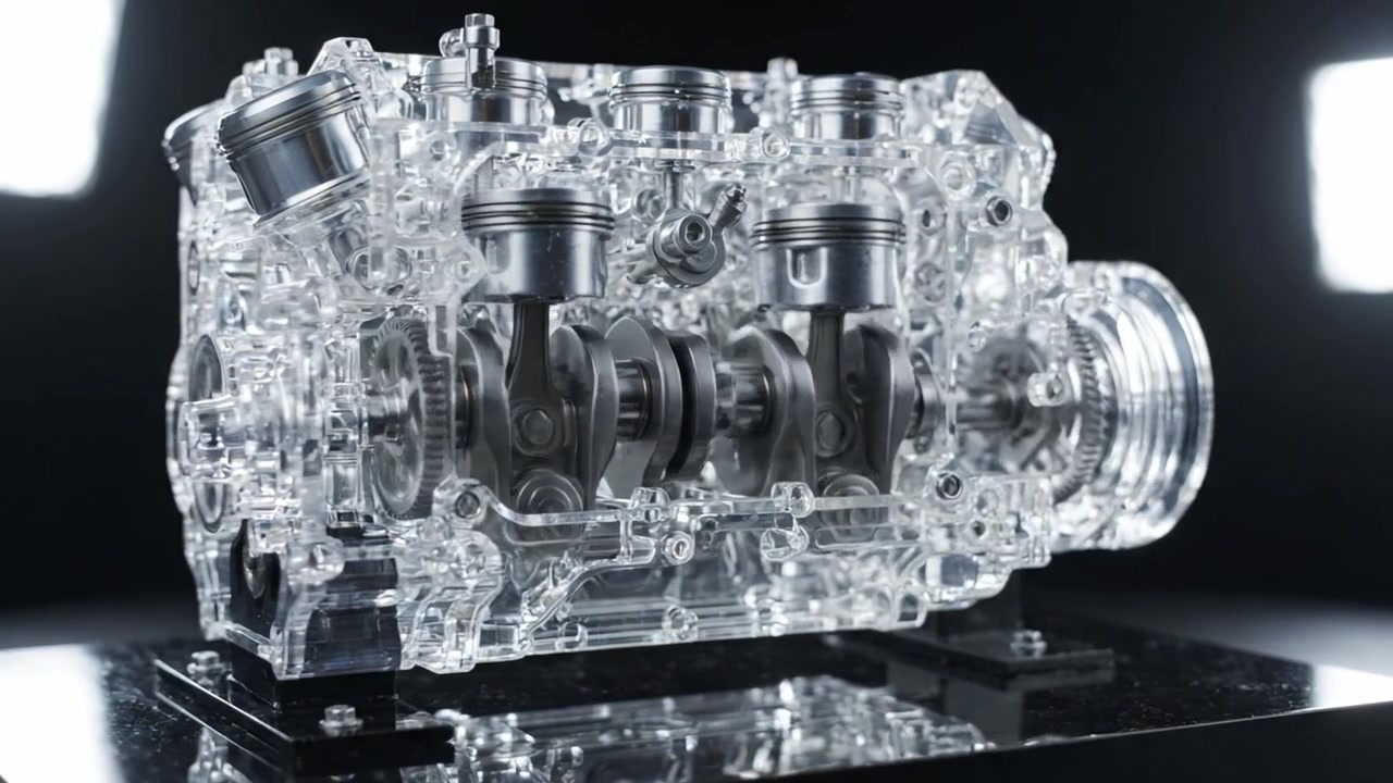 Showcasing a Transparent Engine Model with Intricate Interior Mechanics and Detailed Components, Captured in Two Stunning Frames for Automotive Enthusiasts