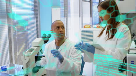Animation of medical data processing on diverse male and female scientists discussing at laboratory