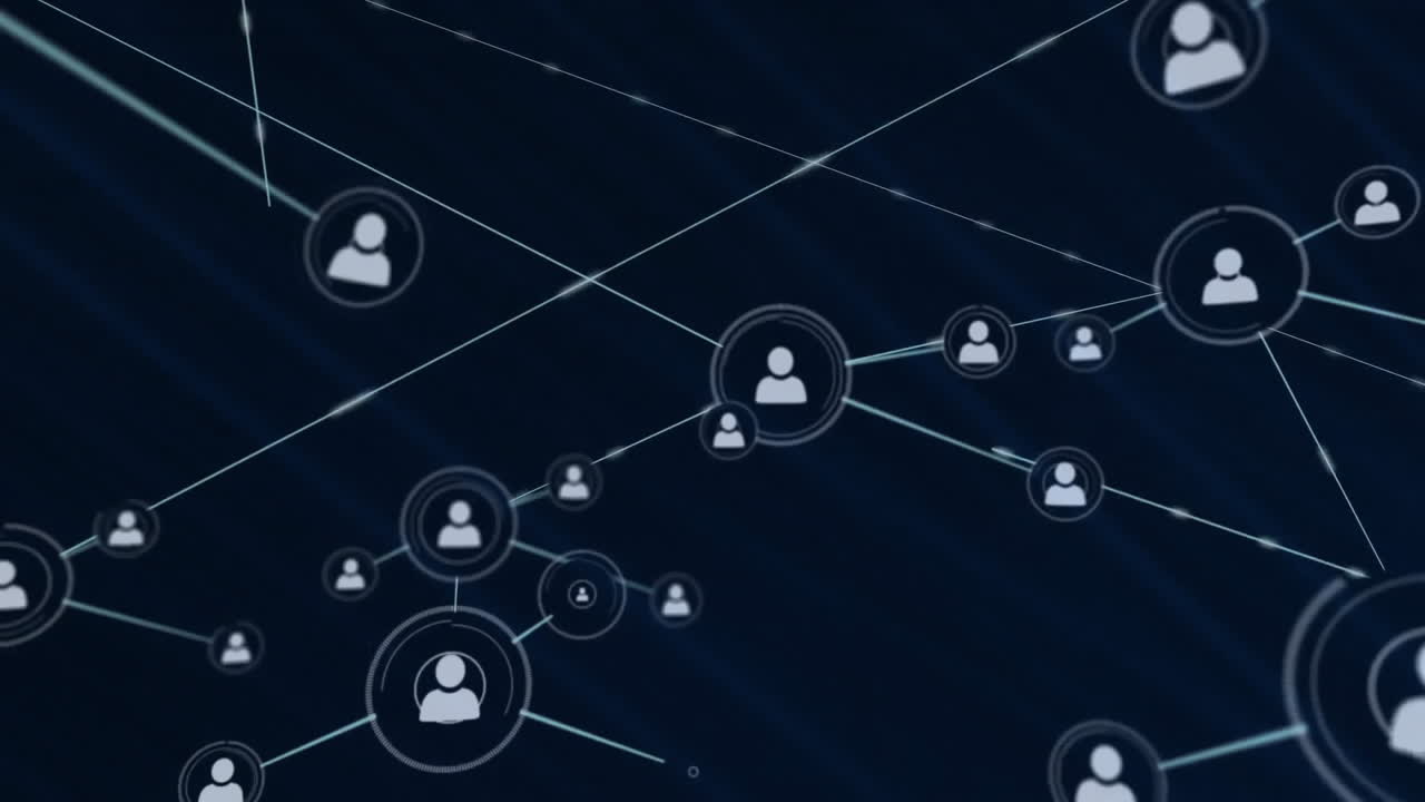 animación de la red de conexiones y procesamiento de datos sobre un fondo oscuro