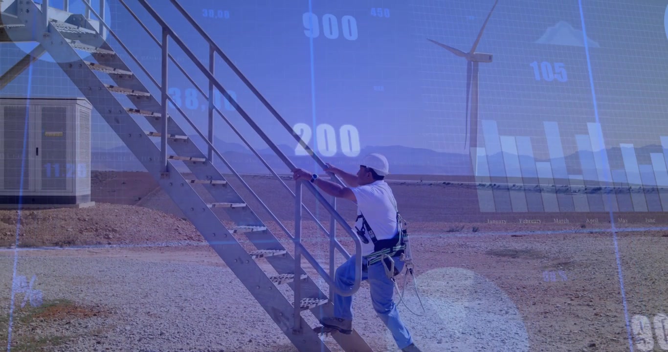 Vertical video: Approaching stairs, tech climbing at turbine with harness, using data to inspect