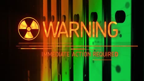 animation of warning text banner with radioactive symbol against computer server room