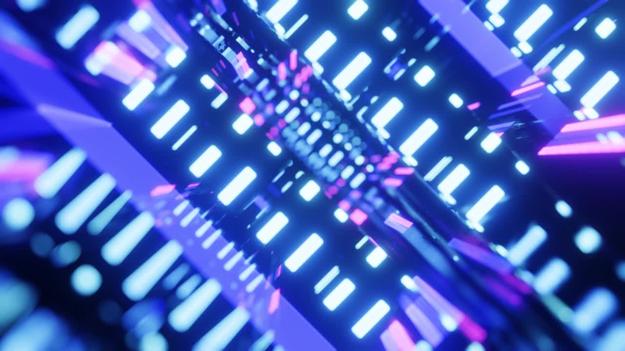 volar a través del ciberespacio tecnológico con brillo de neón. vuelo de ciencia ficción a través del túnel de tecnología de alta tecnología. holograma y luz de neó. 3d en bucle sin costuras 4k fondo brillante. flujo de datos en el centro de datos