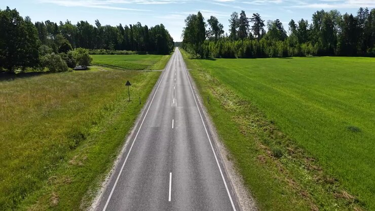 Vista aerea di una strada dritta e vuota che attraversa una fitta foresta verde e vegetazione campestre sotto la luminosa luce del sole estivo