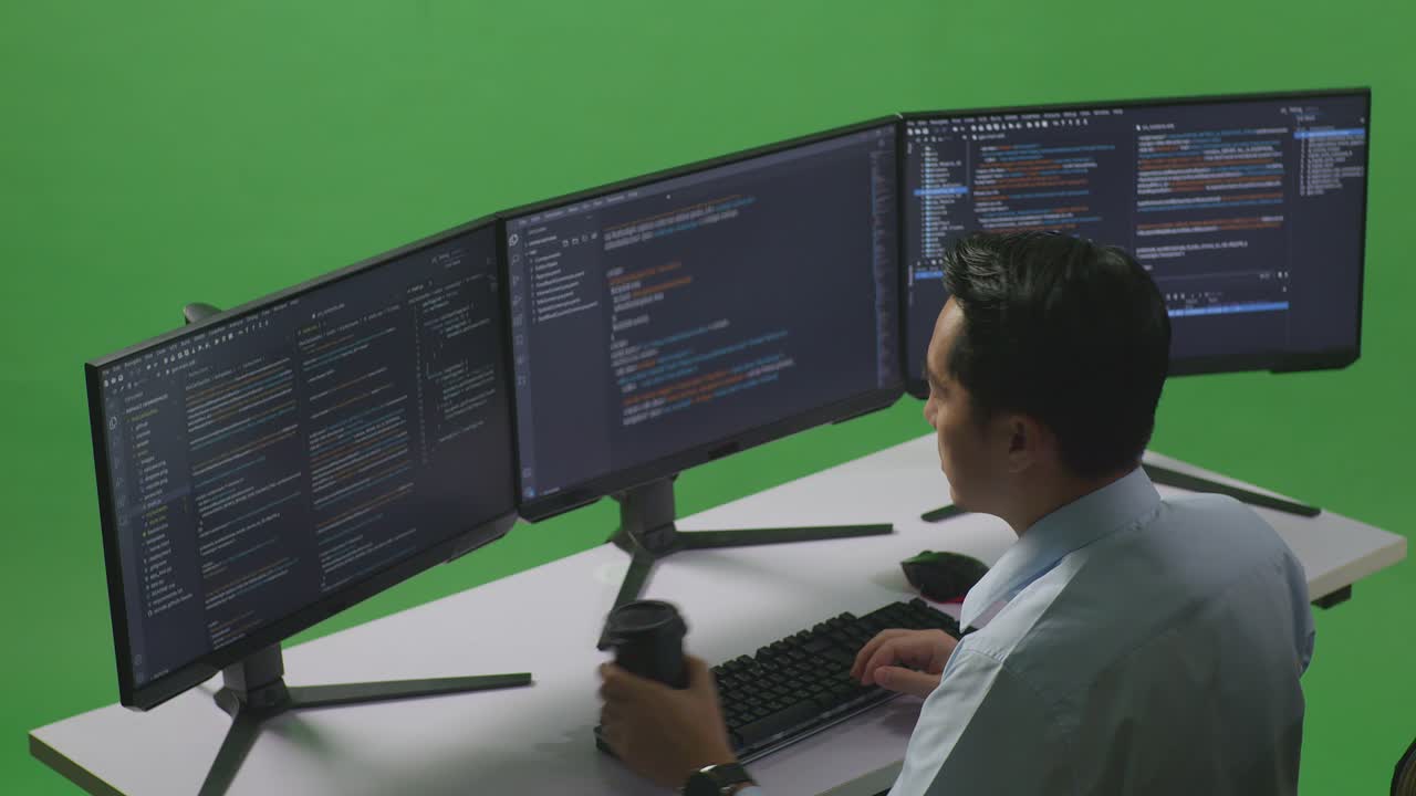 Side View Of Asian Man Developer Drinking Coffee And Using Computer To Write Code With Multiple Screens In Green Screen Studio