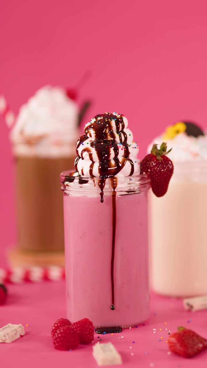 Milkshake alla fragola guarnito con salsa al cioccolato, panna montata e ciliegia, sfondo rosa vibrante, inquadratura statica.