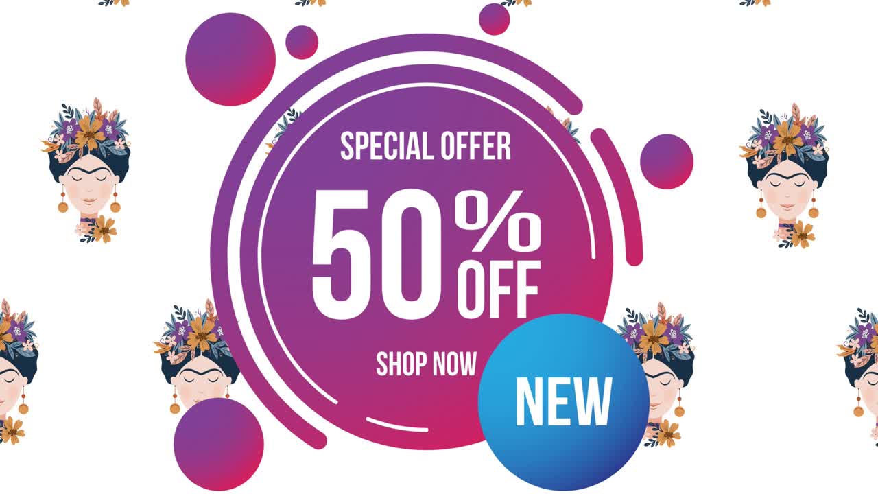 특별 제공의 애니메이션 백색 배경에 원과 여성 얼굴 위에 텍스트 50% 할인