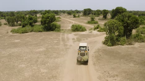 Afrikanischer-Safari-Jeep,-Der-Von-Oben-Durch-Staubige-Ebenen-Fährt