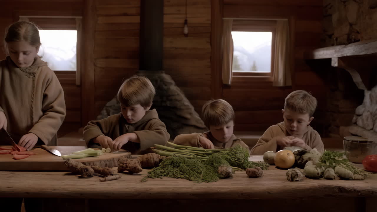 Children Preparing Vegetables in a Cabin