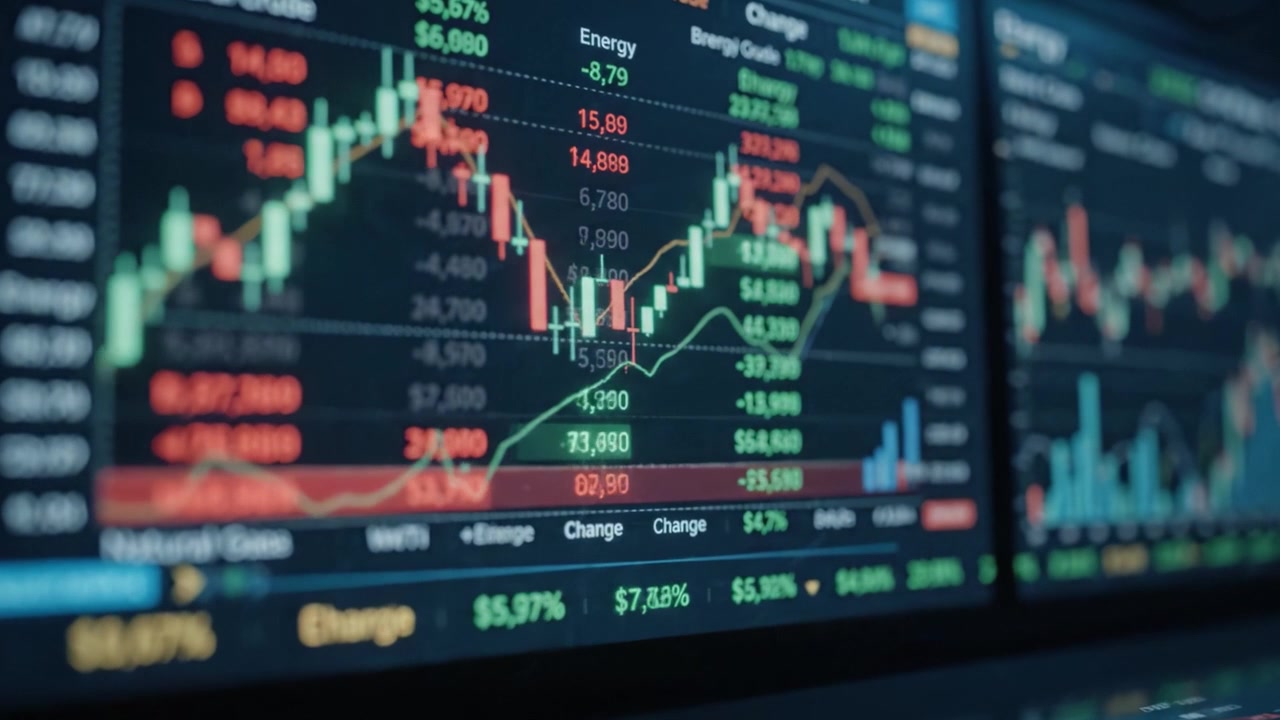 Analisi delle tendenze del mercato azionario e delle fluttuazioni dei prezzi illustrata attraverso grafici dinamici e rappresentazioni di dati finanziari su un'interfaccia di trading.