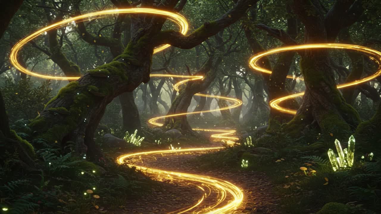 Enchanting Pathway Through a Mystical Forest Illuminated by Glowing Spirals and Crystals, Creating a Magical Atmosphere of Wonder and Intrigue