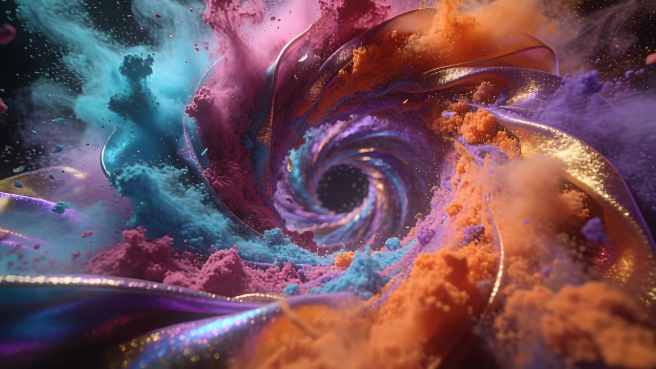 Forming luminous multicolored vortex in dark void, ribbons appearing and pigment clouds converging