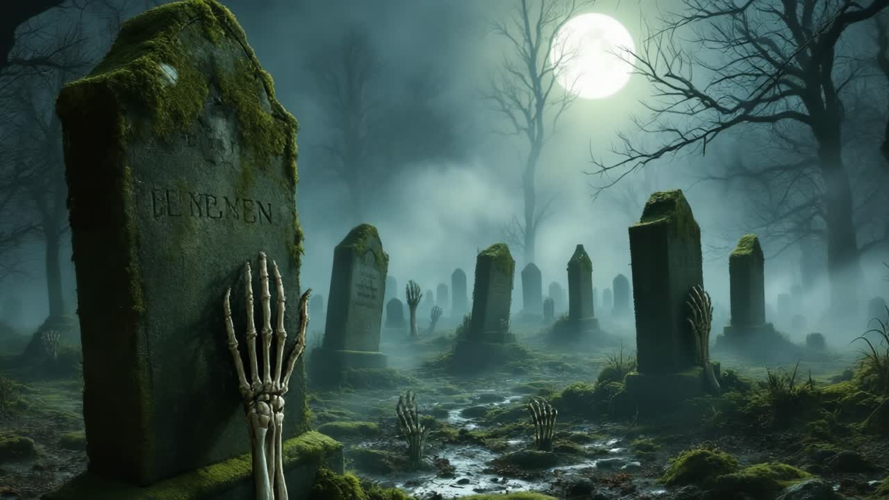 Eerie Graveyard with Skeleton Hands Under a Full Moon