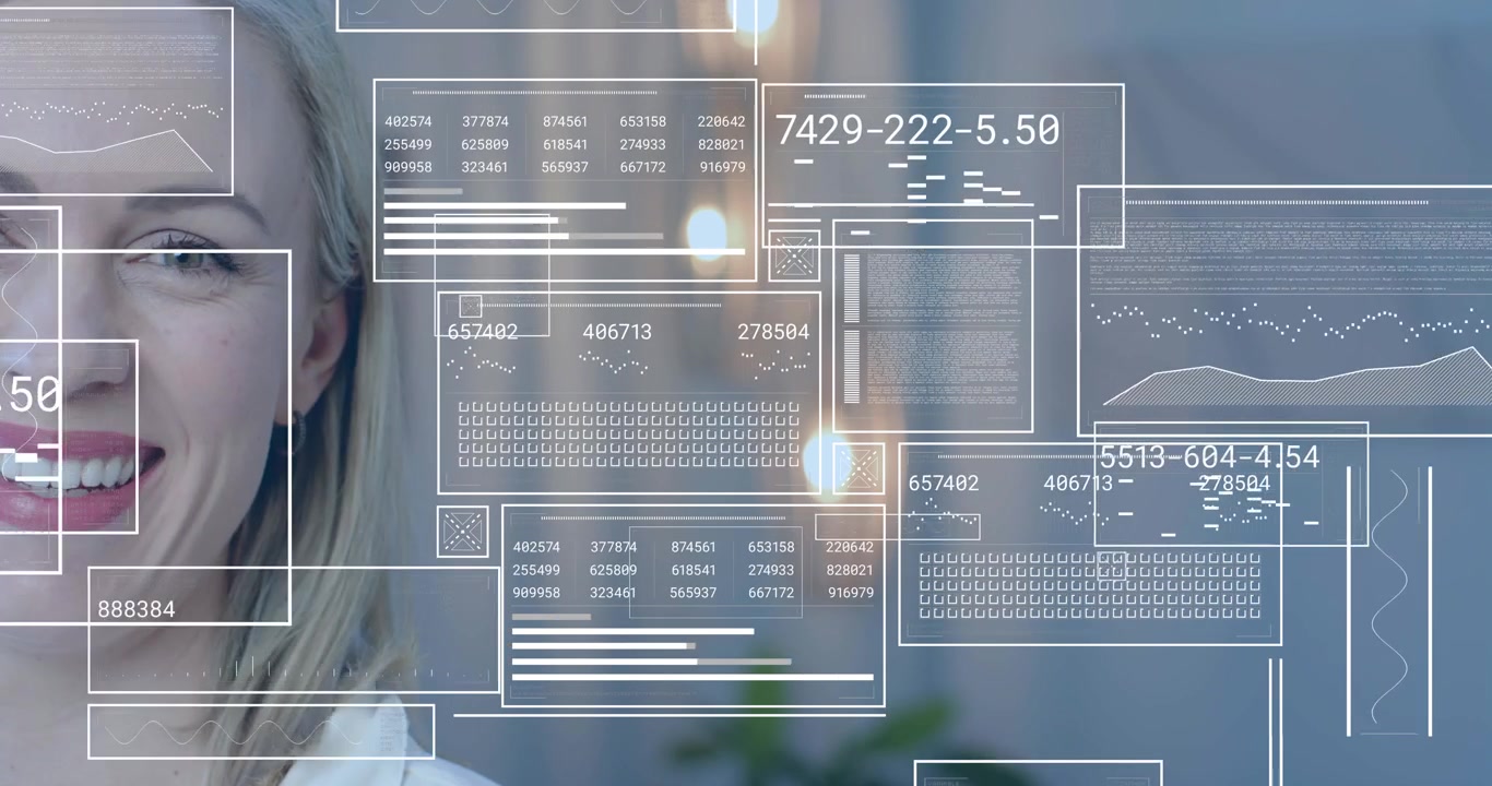 Mid adult woman initiating digital interface by hovering translucent panels highlighting key metric
