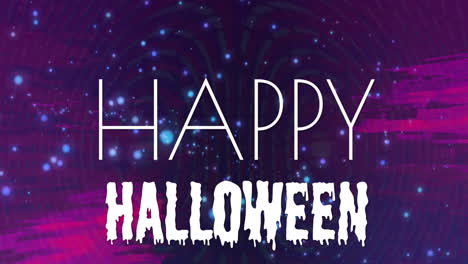 Animación-De-Un-Banner-De-Texto-De-Feliz-Halloween-Sobre-Senderos-De-Luz-Rosa-Y-Puntos-Azules-Brillantes