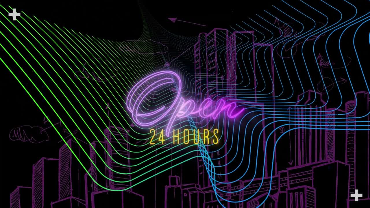Animation of open 24 hours text in pink neon over colourful parallel lines and purple city on black
