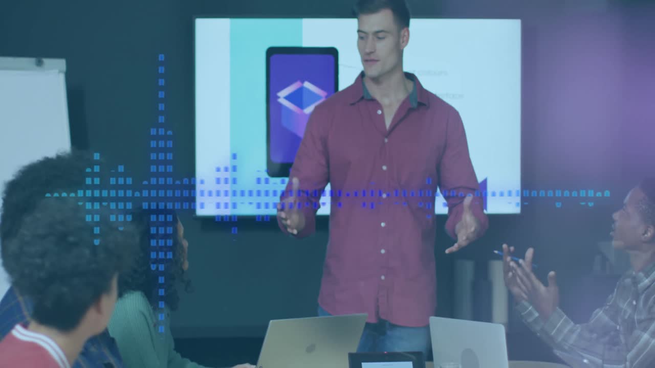 Animation of data processing over diverse business people in office