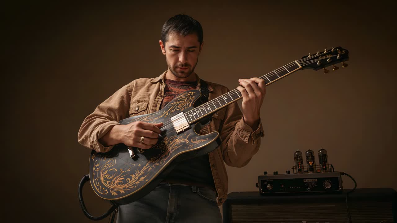 Bringing pick into view musician plucking sliding fretboard in studio practicing with ornate guitar