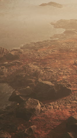 alien planet landscape: rocky desert with fog