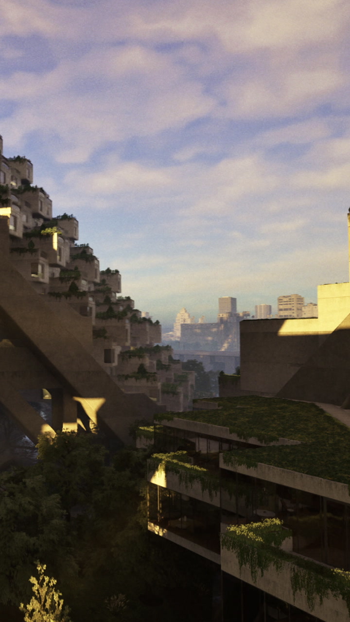 View of city skyline from modern building in daylight