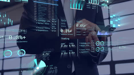 financial data and charts animation, business professional using digital interface