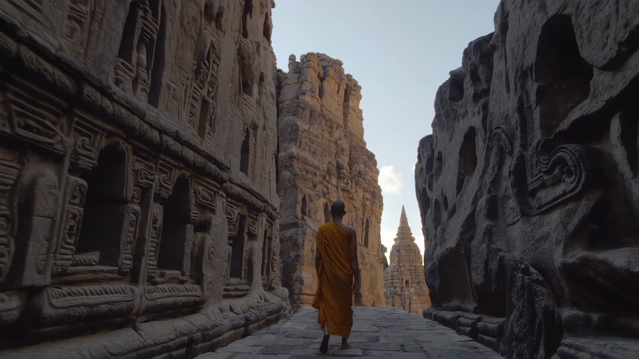 Monk Walking Through Ancient Temple Ruins
