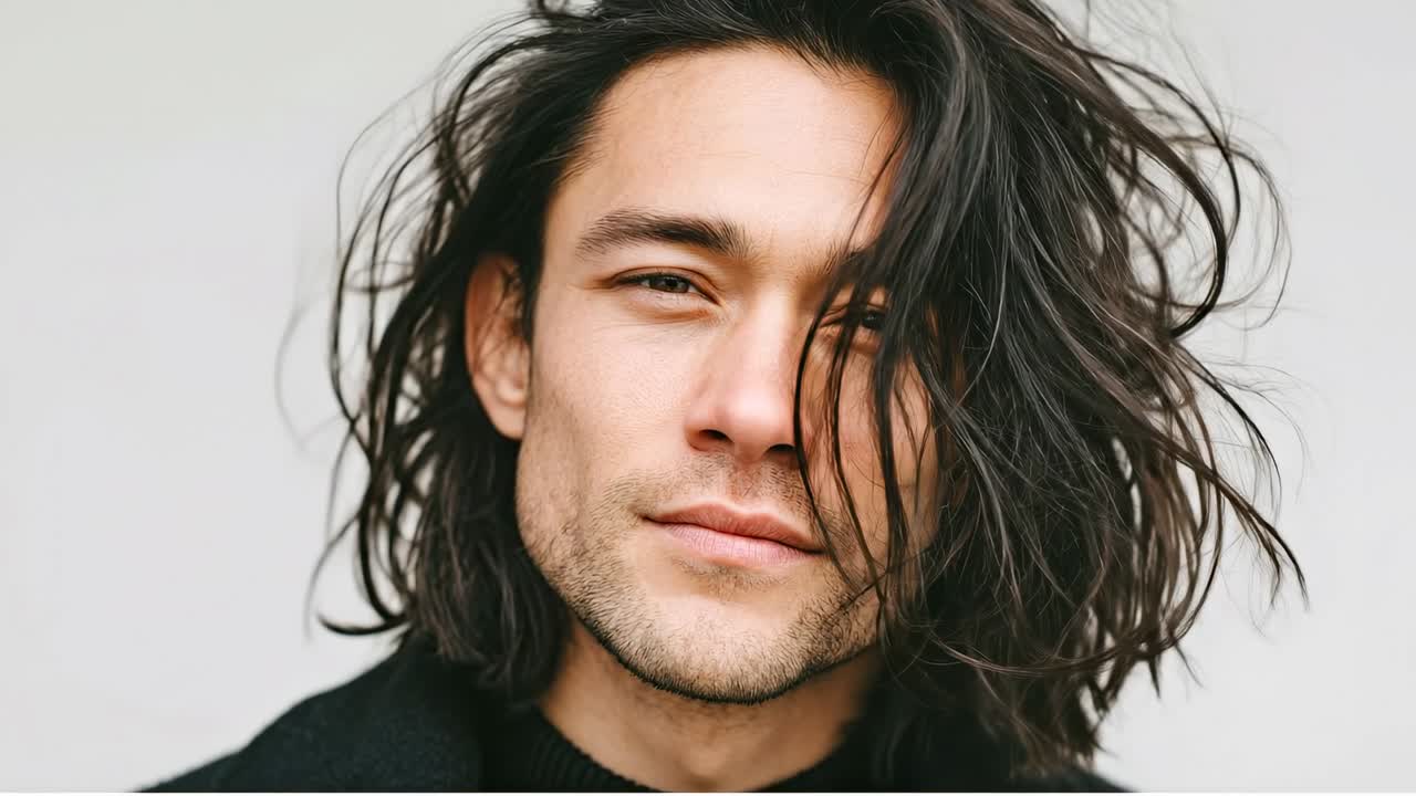 Un uomo con i capelli lunghi posa per la telecamera. Si trova di fronte a uno sfondo neutro. Ha i capelli lunghi e guarda direttamente lo spettatore con un'espressione calma.