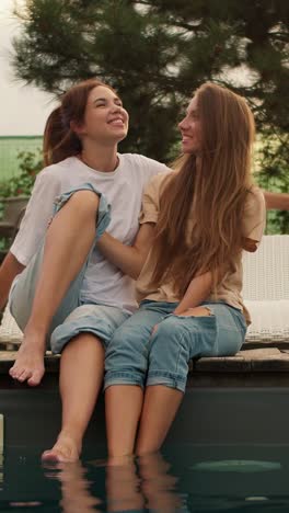 two happy women by the pool