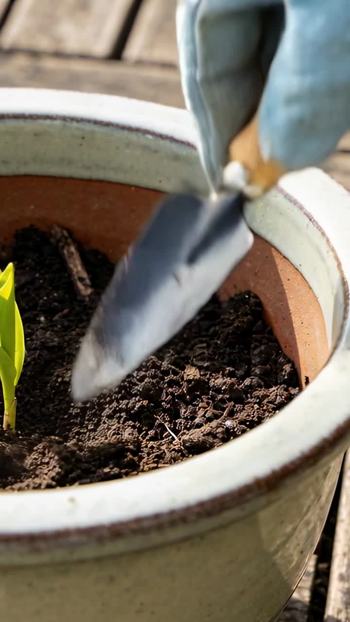 Mano guantata che entra nell'inquadratura con una cazzuola, raccogliendo terreno, livellando intorno a una piantina per giardinaggio.