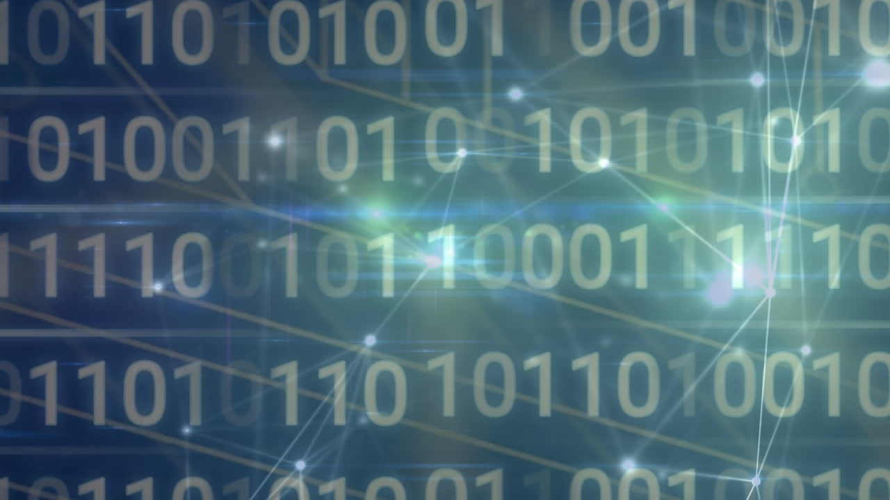 Animation of networks of connections and data processing over black background