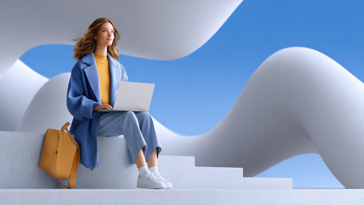 A Stylish Young Woman Working on Her Laptop Amidst Modern Architectural Shapes Against a Bright Blue Sky, Representing Creativity and Productivity