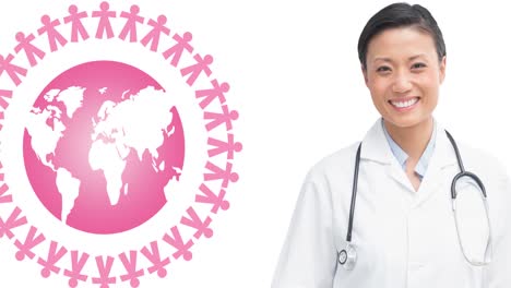 Animation-of-pink-globe-logo-over-smiling-female-doctor