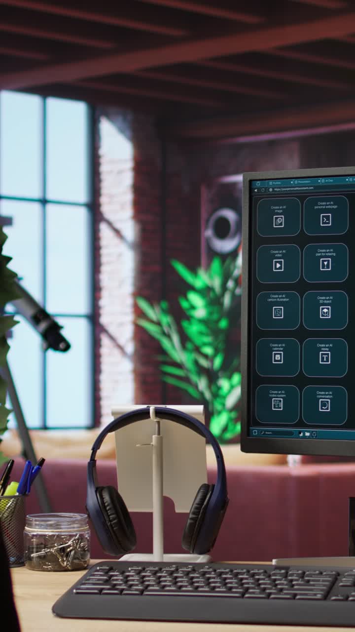 Vertical video Computer setup in bright apartment showing large language model program