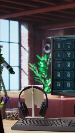 vertical video computer setup in bright apartment showing large language model program