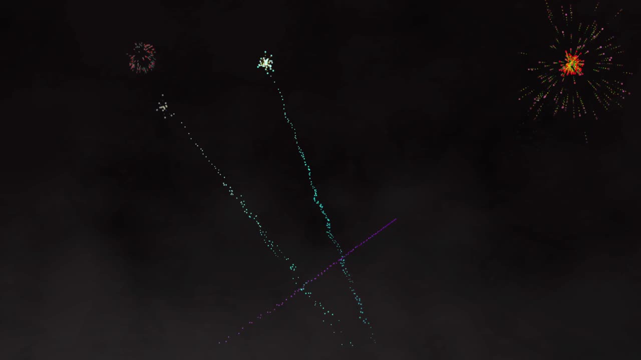 animación de fuegos artificiales verdes y rosados explotando sobre un fondo negro