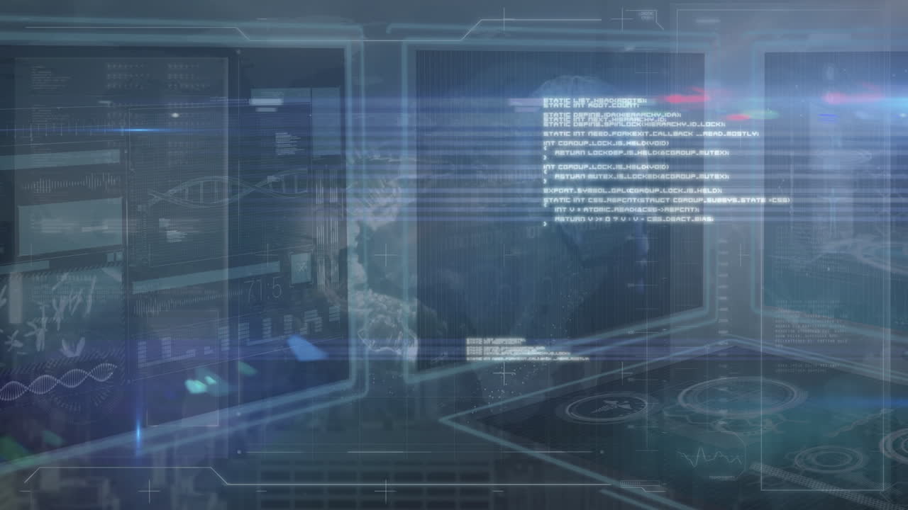 Animazione di elaborazione dati su schermi con sfondo scuro