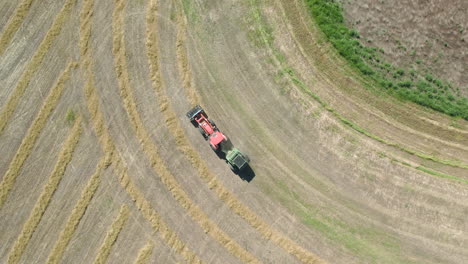 top down aerial of red tractor on farm with baling machine making bales of hay