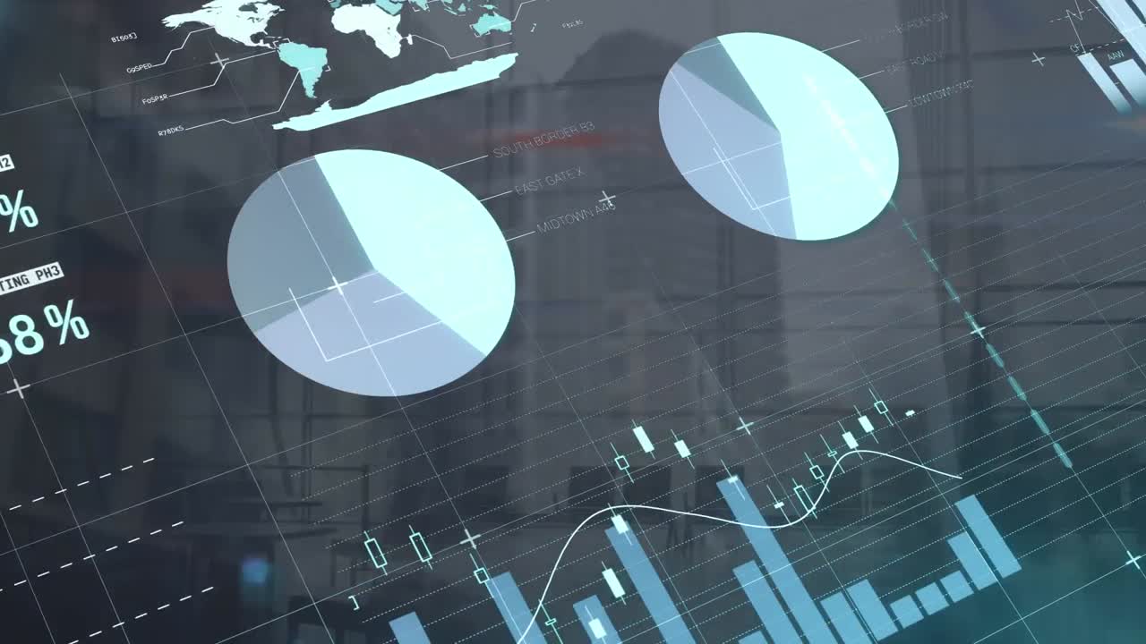 Animation of statistics and financial data processing over cityscape