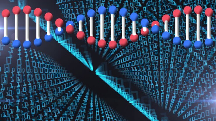 Animation of dna strand spinning over binary code