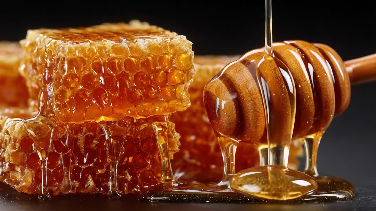 Miele aromatico che cola da un mestolo di legno sui favi, mettendo in risalto la dolcezza naturale e la tonalità dorata del favo appena raccolto.