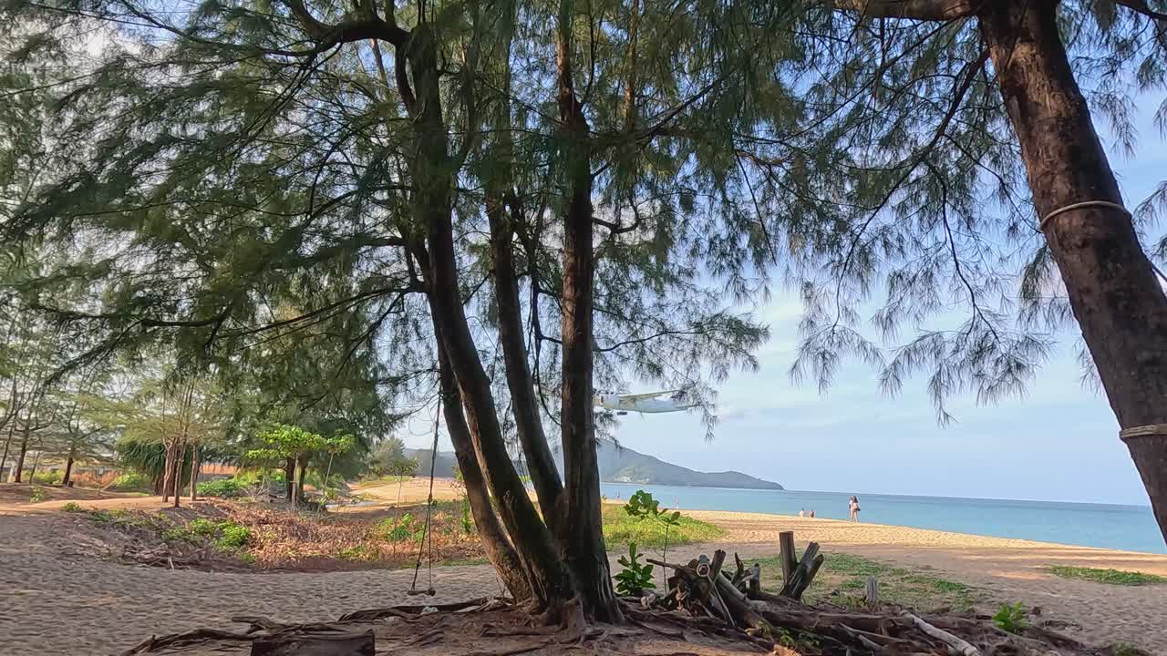 A plane descends over a scenic Phuket beach, framed by trees and clear skies, capturing a serene tropical atmosphere