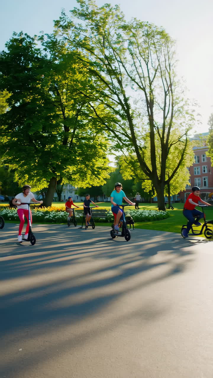 People Enjoying a Sunny Day in the Park with Scooters and Ice Cream