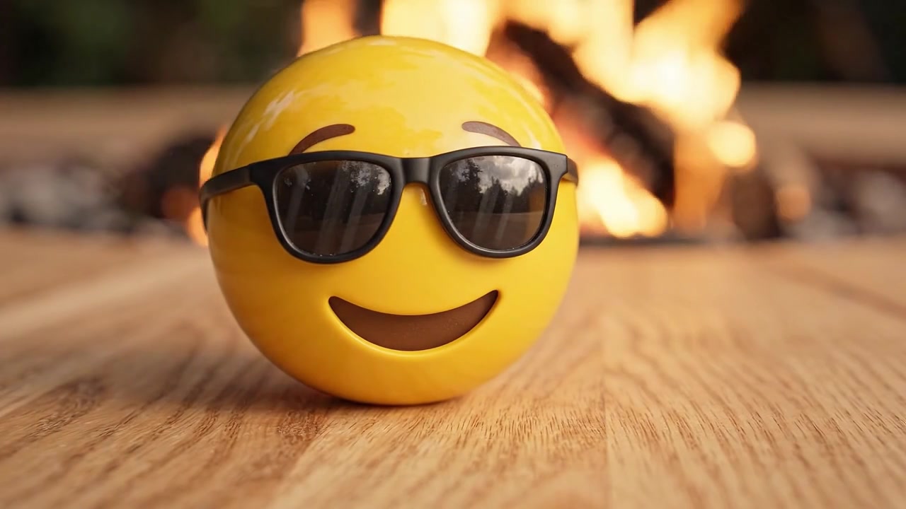 Un ambiente caldo e accogliente che mette in risalto un'emoji sorridente con occhiali da sole davanti a un fuoco scoppiettante, perfetto per il relax e il divertimento in un ambiente confortevole.