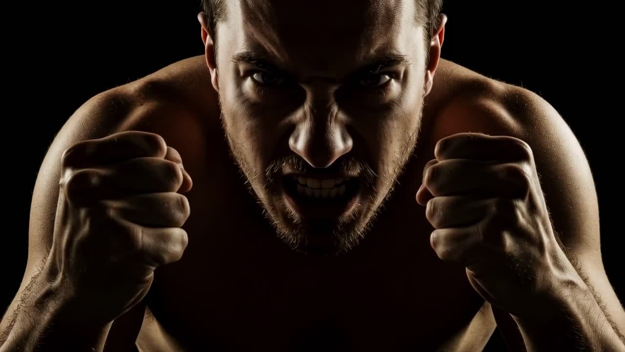 Intense expression of determination captured in a dark setting with a focused person showing raw emotion