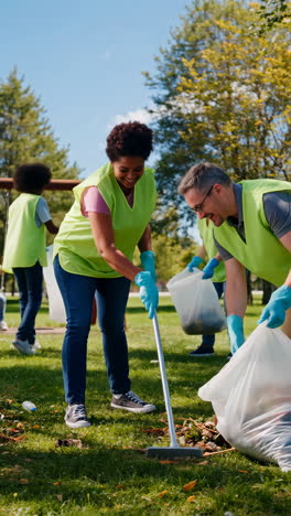 volunteers and children cleaning up a park