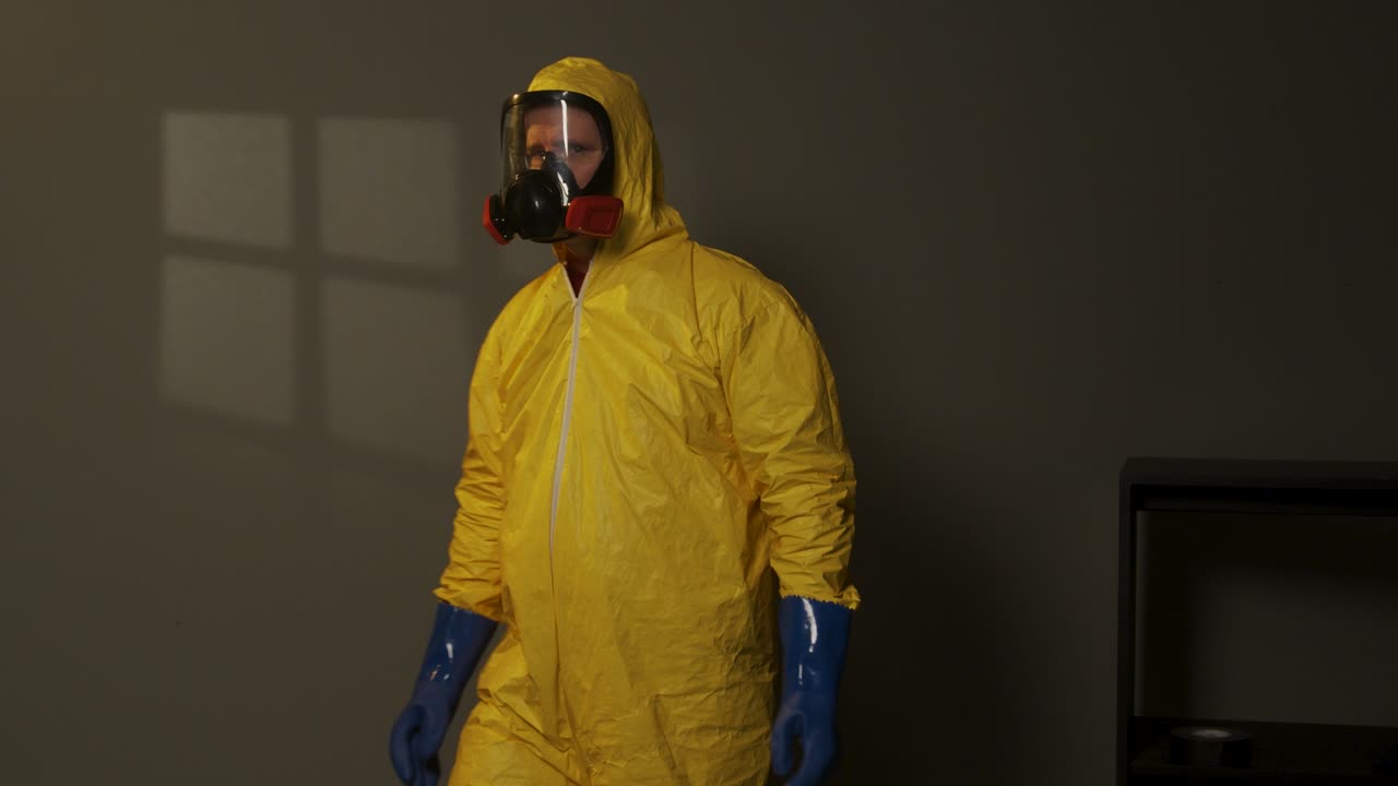 hombre vestido con traje de materiales peligrosos explora una habitación llena de humo