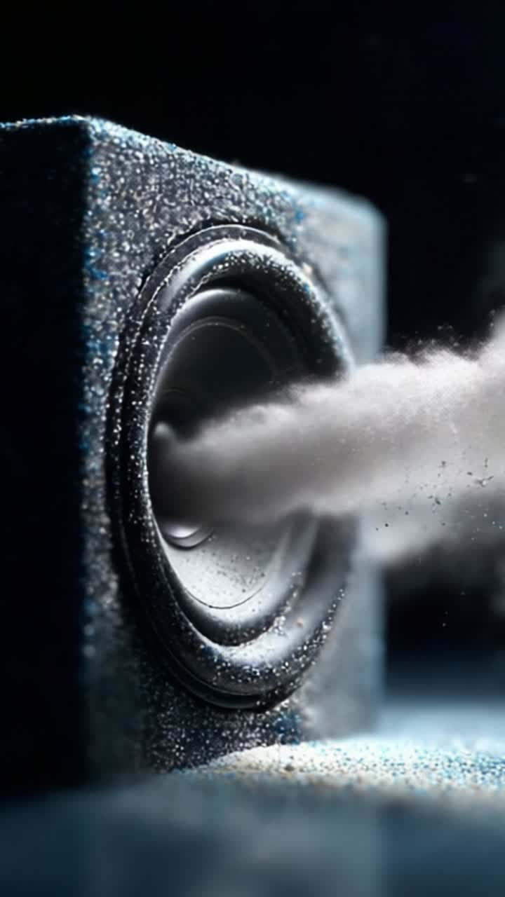 Onde sonore dinamiche che emanano da un altoparlante, creando un impatto visivo con polvere e particelle in movimento, catturate con dettagli straordinari