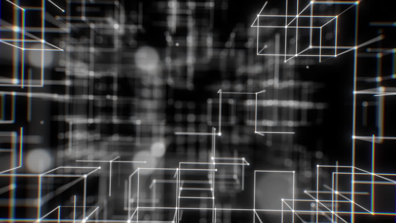 Soft Blurred White Wireframe Grid in Abstract Digital Space. Looped 3D rendering