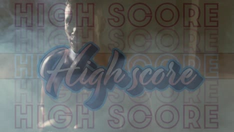digital composite video of high score text against african american male boxer wearing boxing gloves