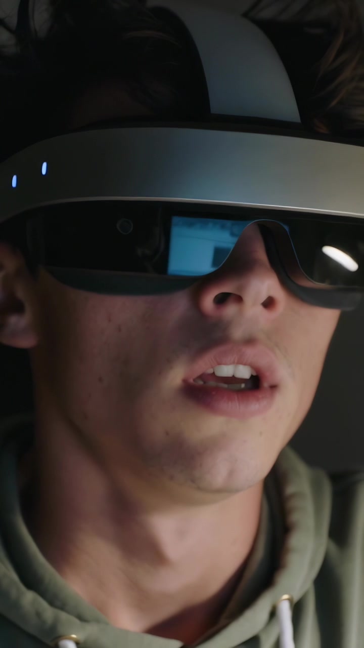 Vertical video: Teen in hoodie putting on AR headset in dim room, LED powering on, viewing content