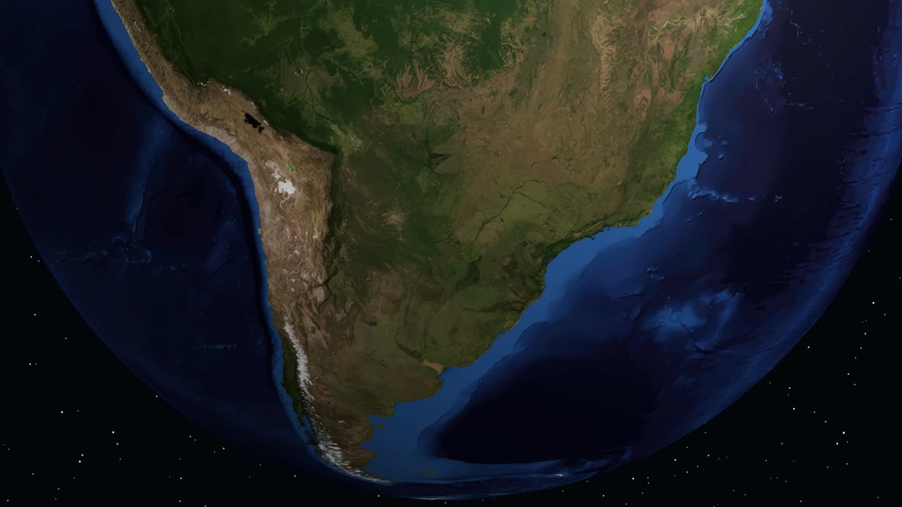 Globo digital gira e faz zoom na América do Sul, destacando San Lorenzo, Paraguai, com estatísticas da população